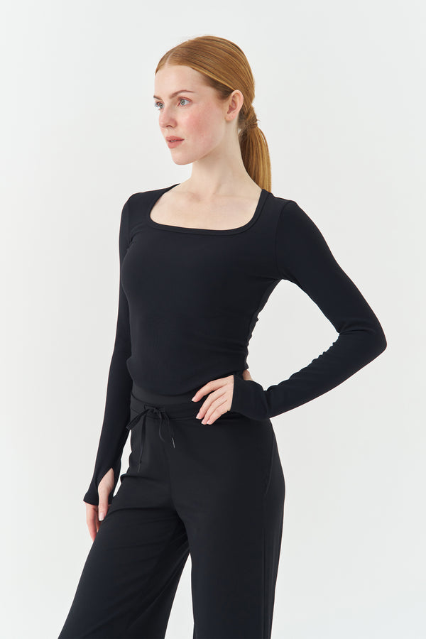 Black Boat Neck Long Sleeve Shirt